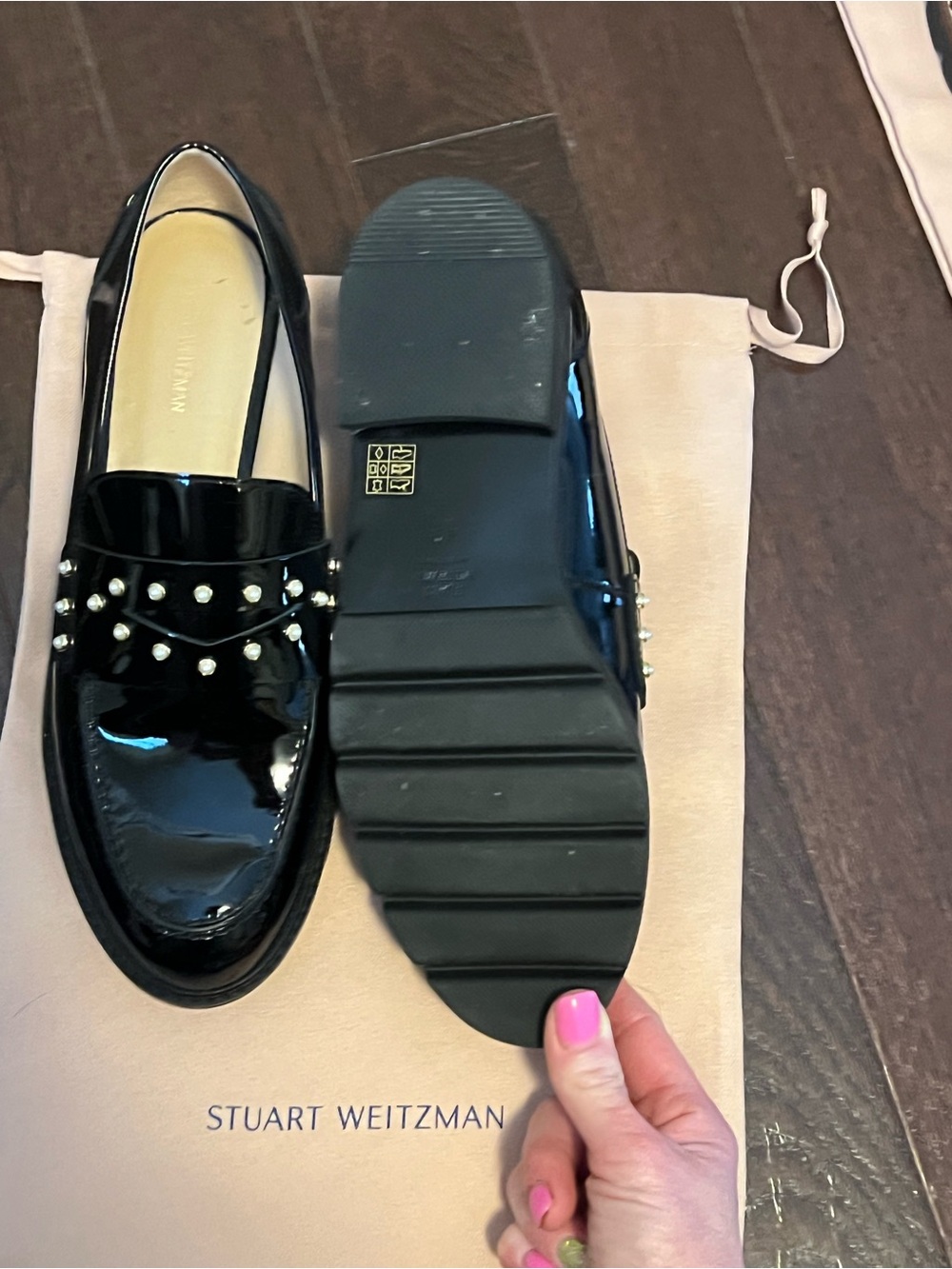 Stuart Weitzman Black Patent Pearl-Stud Loafers